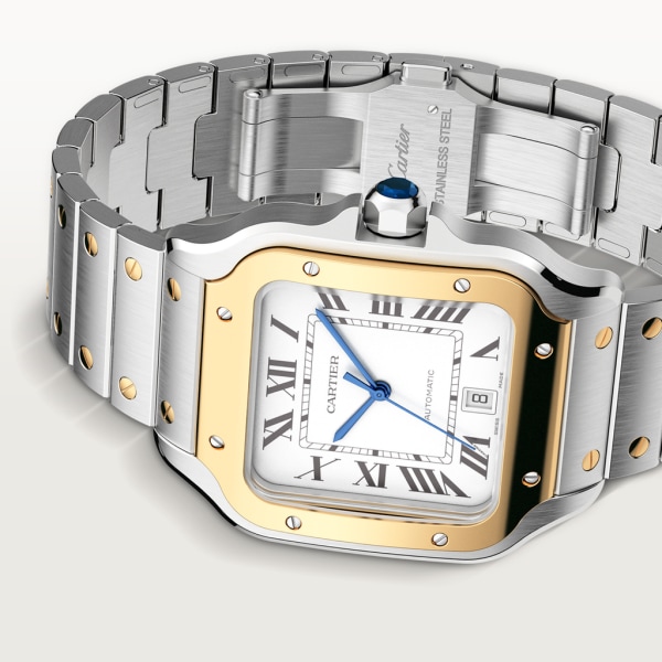 Santos de Cartier watch Large model, automatic movement, yellow gold, steel, interchangeable metal and leather bracelets