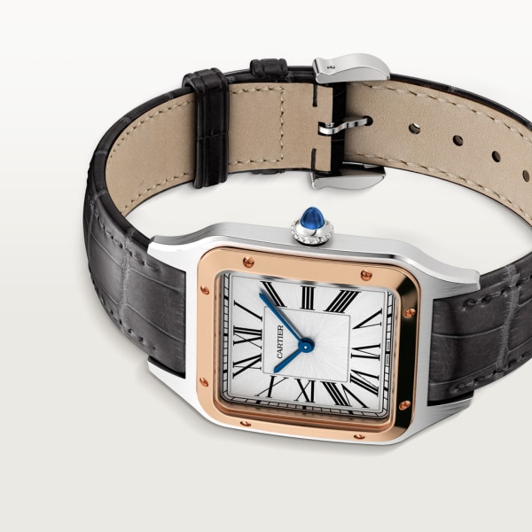 Reloj Santos-Dumont Tamaño grande, movimiento de cuarzo, oro rosa, acero, piel