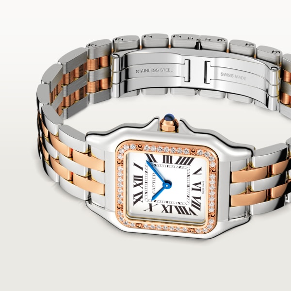 Reloj Panthère de Cartier Tamaño mediano, movimiento de cuarzo, oro rosa, acero, diamantes