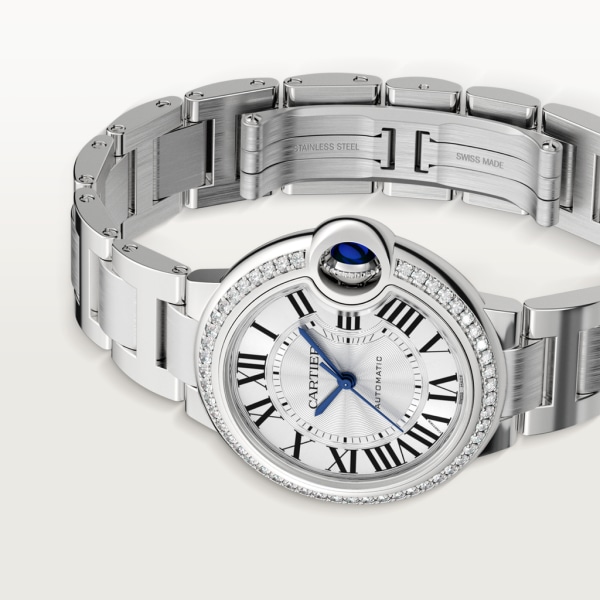 Ballon Bleu de Cartier 33 mm, mechanisches Uhrwerk mit Automatikaufzug, Edelstahl, Diamanten