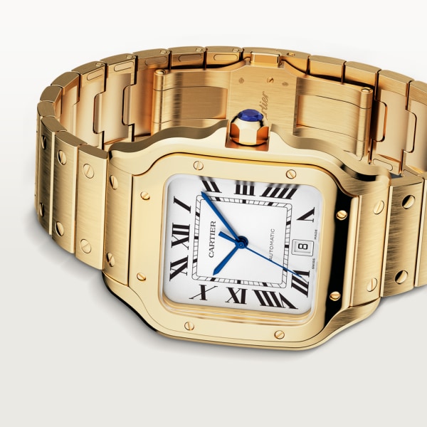 Reloj Santos de Cartier Tamaño grande, movimiento automático, oro amarillo, brazalete de metal y correa de piel intercambiables