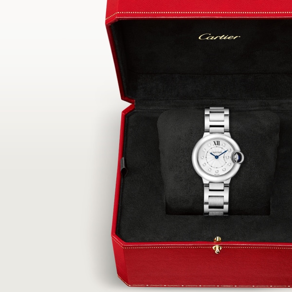 Reloj Ballon Bleu de Cartier 28 mm, movimiento de cuarzo, acero, diamantes