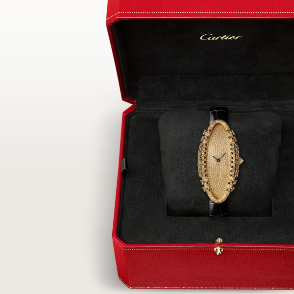 Cartier Libre watch Medium model, hand-wound mechanical movement, yellow gold, diamonds, yellow sapphires, black spinels