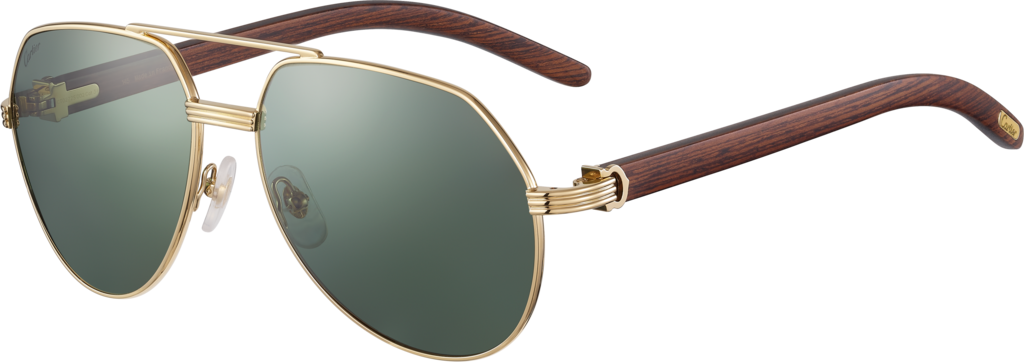 Première de Cartier SonnenbrilleBraunes Holz, glattes Gold-Finish, polarisierende grüne Gläser