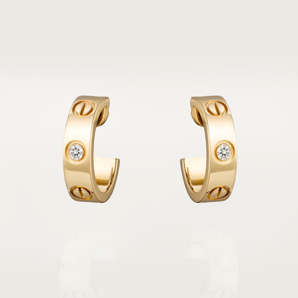 Love hoop earrings, classic model, 2 diamondsYellow gold, diamonds