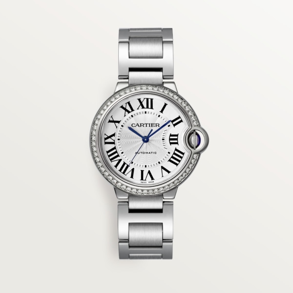Ballon Bleu de Cartier watch 36mm, automatic movement, steel, diamonds