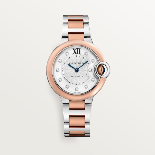Reloj Ballon Bleu de Cartier 33 mm, movimiento mecánico de carga automática, oro rosa, acero, diamantes