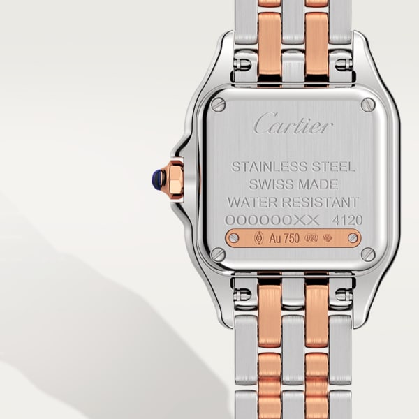 Reloj Panthère de Cartier Tamaño pequeño, movimiento de cuarzo, oro rosa, acero, diamantes