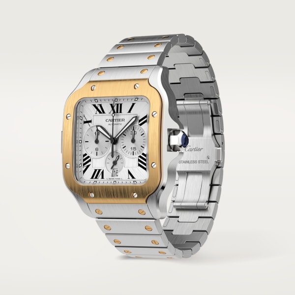 Reloj Santos de Cartier Cronógrafo Tamaño extra grande, movimiento automático, oro amarillo, acero, brazalete de metal y correa de caucho intercambiables