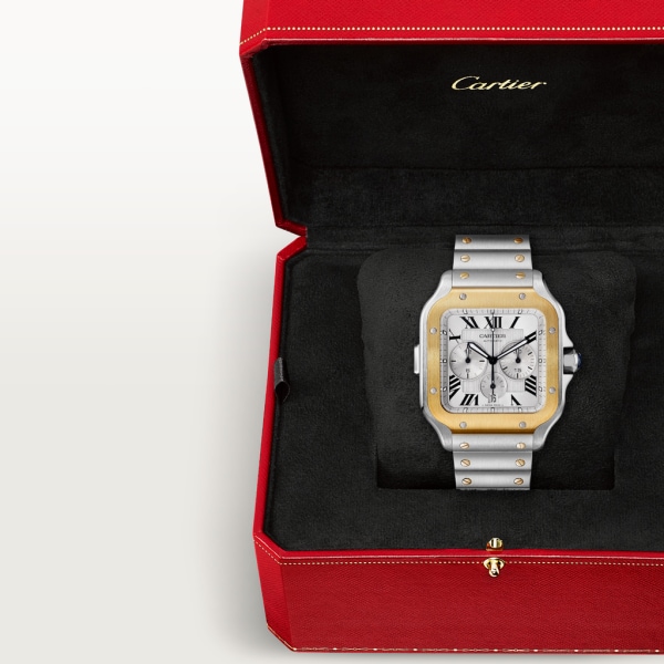 Reloj Santos de Cartier Cronógrafo Tamaño extra grande, movimiento automático, oro amarillo, acero, brazalete de metal y correa de caucho intercambiables
