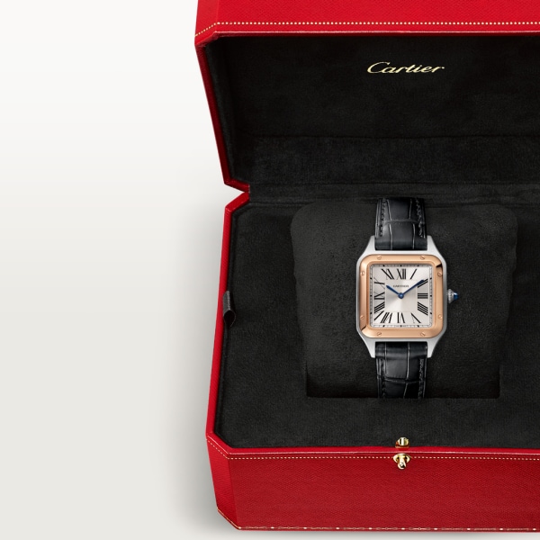 Reloj Santos-Dumont Tamaño pequeño, movimiento de cuarzo, oro rosa, acero, piel