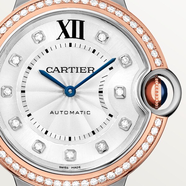 Ballon Bleu de Cartier 36 mm, mechanisches Uhrwerk mit Automatikaufzug, Roségold, Edelstahl, Diamanten