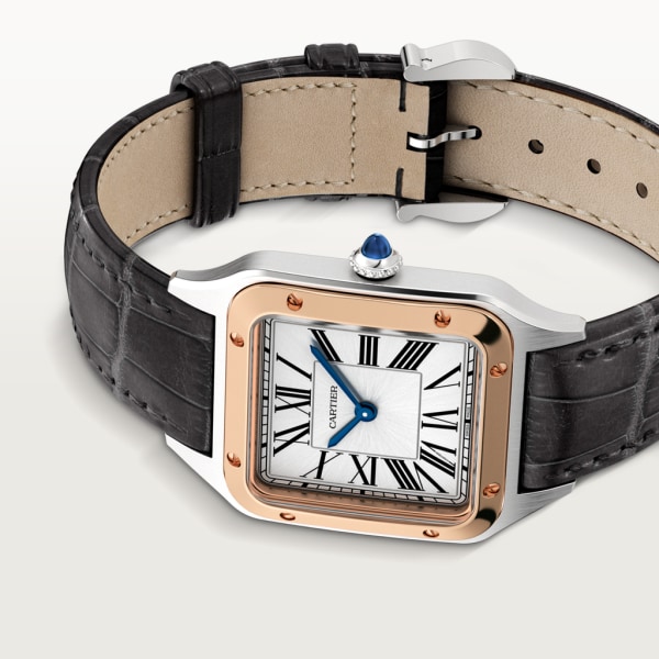 Reloj Santos-Dumont Tamaño pequeño, movimiento de cuarzo, oro rosa, acero, piel