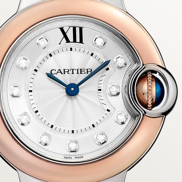 Ballon Bleu de Cartier watch 28mm, quartz movement, rose gold, steel, diamonds