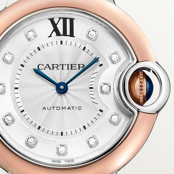 Ballon Bleu de Cartier 33 mm, mechanisches Uhrwerk mit Automatikaufzug, Roségold, Edelstahl, Diamanten