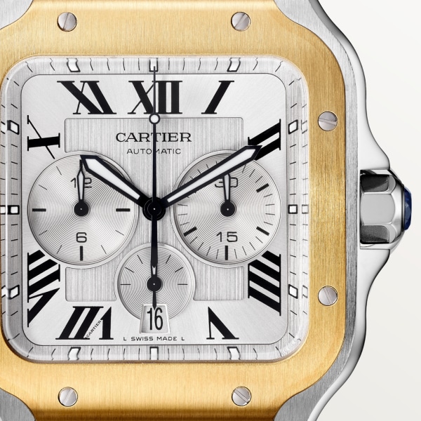 Montre Santos de Cartier Chronographe Modèle extra-large, mouvement automatique, or jaune, acier, bracelets métal et caoutchouc interchangeables