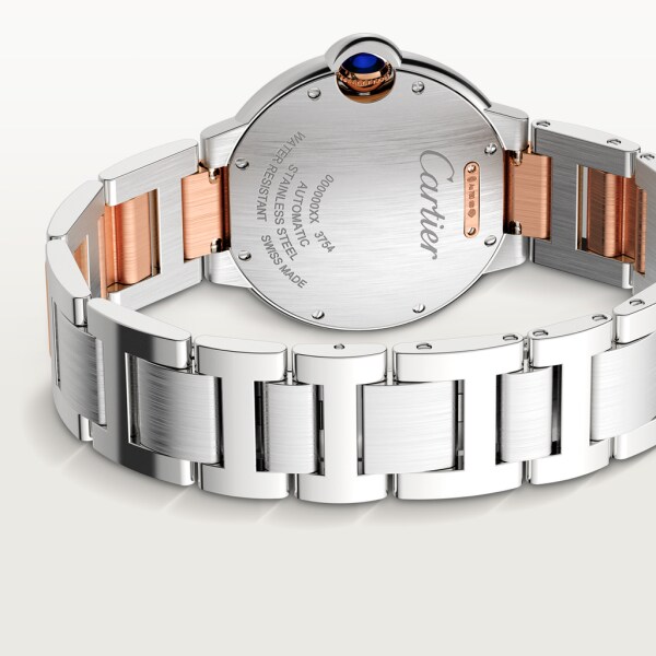 Reloj Ballon Bleu de Cartier 36 mm, movimiento mecánico de carga automática, oro rosa, acero, diamantes