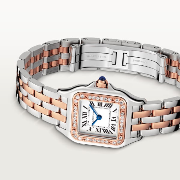 Reloj Panthère de Cartier Tamaño pequeño, movimiento de cuarzo, oro rosa, acero, diamantes