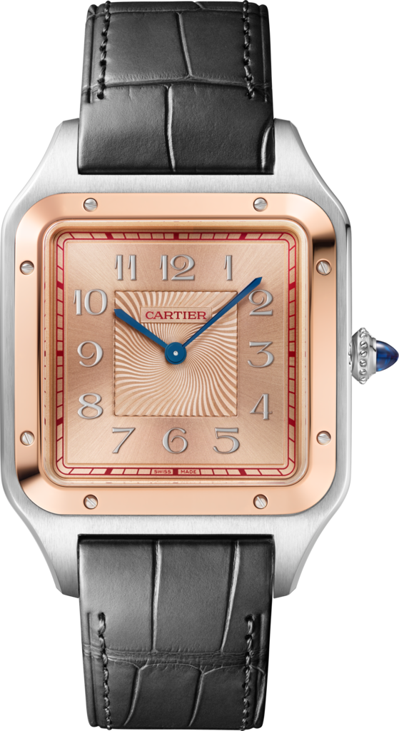 Reloj Santos-DumontTamaño extragrande, movimiento mecánico manual, oro rosa, acero, piel, edición limitada de 500 piezas