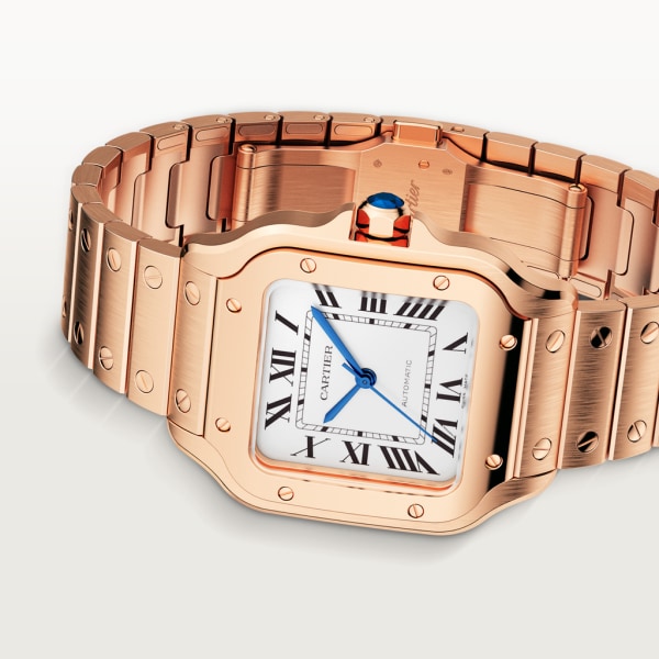 Reloj Santos de Cartier Tamaño mediano, movimiento automático, oro rosa, brazalete de metal y correa de piel intercambiables