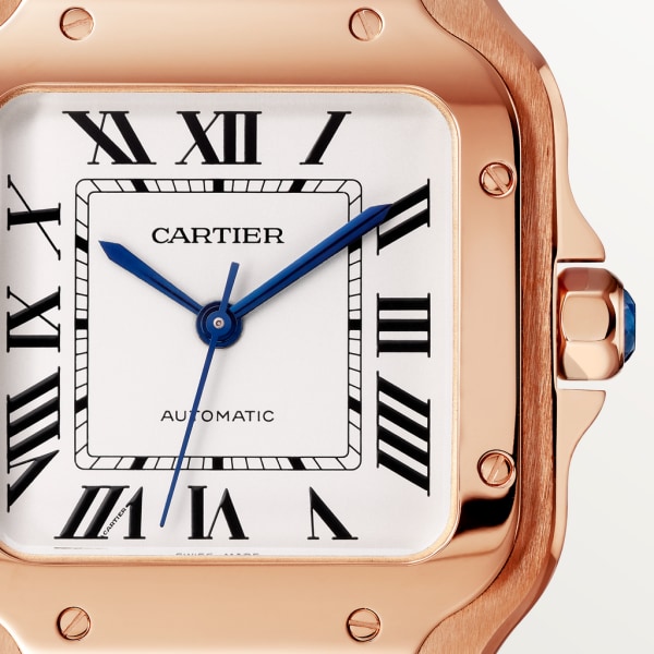 Montre Santos de Cartier Moyen modèle, mouvement automatique, or rose, bracelets métal et cuir interchangeables