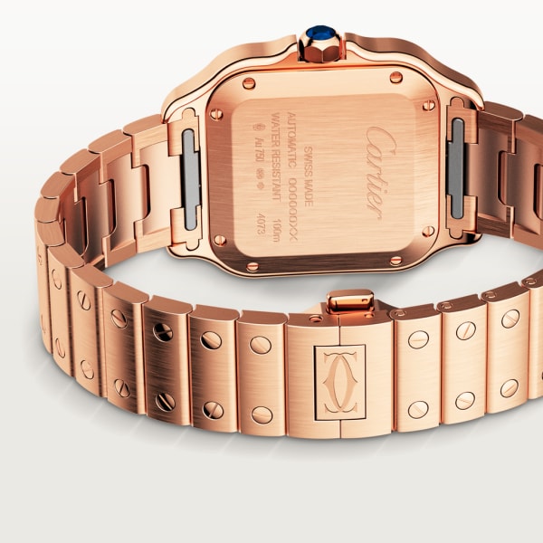 Reloj Santos de Cartier Tamaño mediano, movimiento automático, oro rosa, brazalete de metal y correa de piel intercambiables