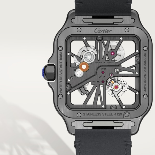 Santos de Cartier Großes Modell, mechanisches Uhrwerk mit Handaufzug, Stahl, DLC, Leder