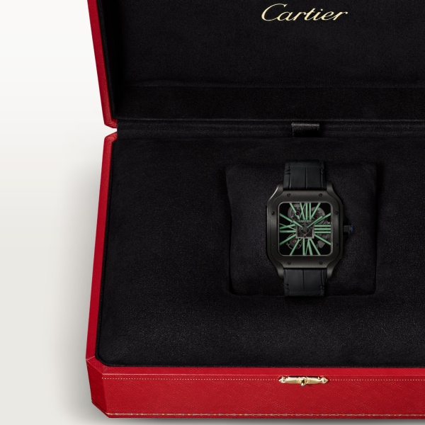Santos de Cartier Großes Modell, mechanisches Uhrwerk mit Handaufzug, Stahl, DLC, Leder