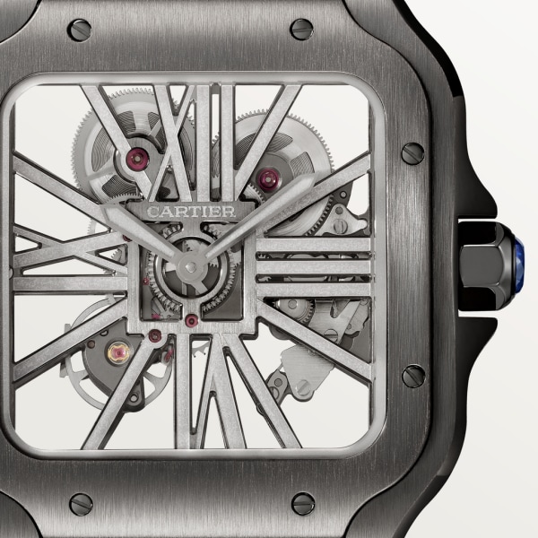 Reloj Santos de Cartier Tamaño grande, movimiento mecánico de cuerda manual, acero, ADLC, piel