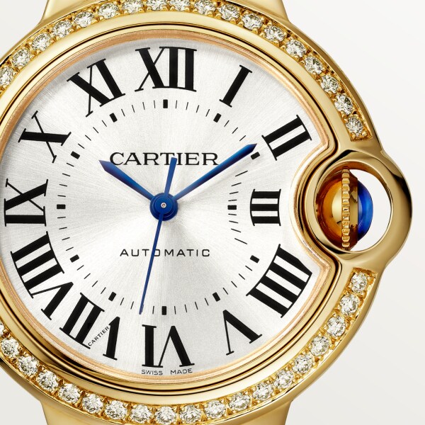 Reloj Ballon Bleu de Cartier 33 mm, movimiento mecánico de carga automática, oro amarillo, diamantes