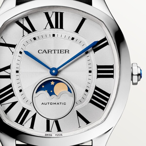 Drive de Cartier Moon Phases watch Large model, automatic movement, steel, leather