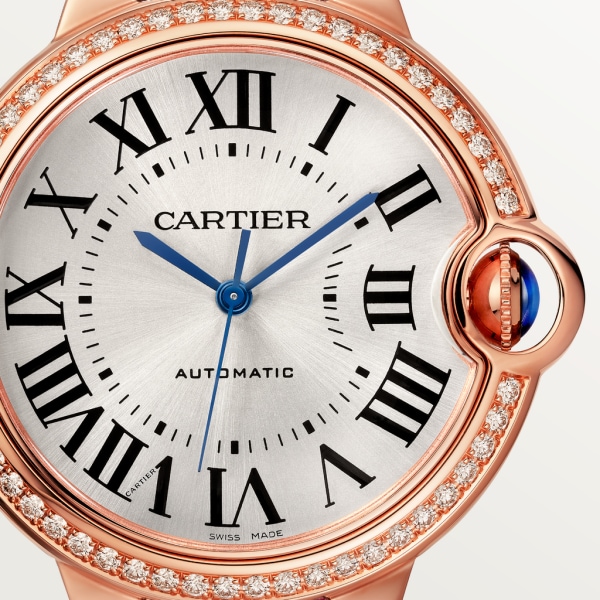 Montre Ballon Bleu de Cartier 36mm, mouvement automatique, or rose, diamants, cuir