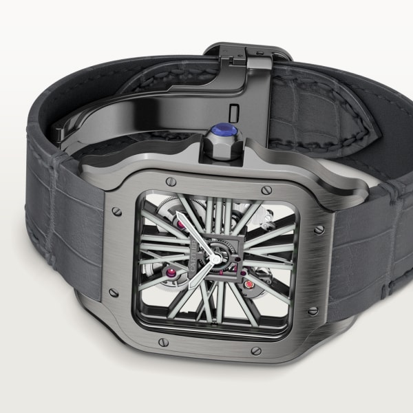 Reloj Santos de Cartier Tamaño grande, movimiento mecánico de cuerda manual, acero, ADLC, piel