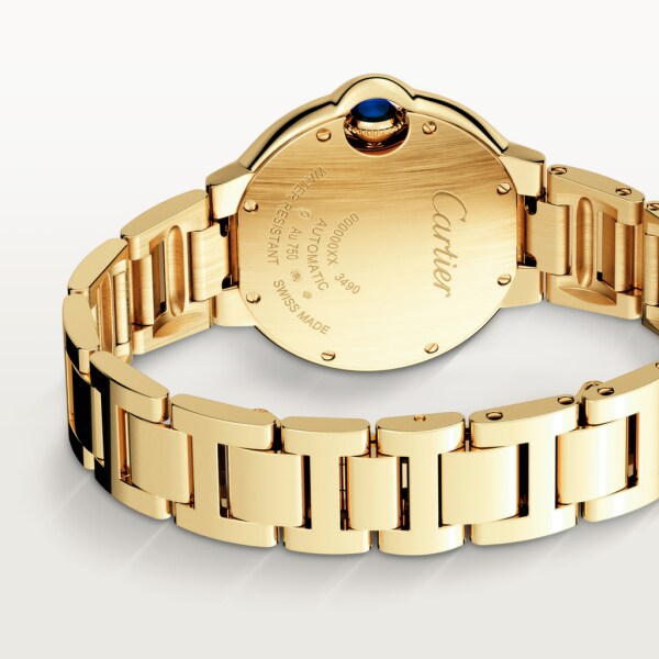 Reloj Ballon Bleu de Cartier 33 mm, movimiento mecánico de carga automática, oro amarillo, diamantes