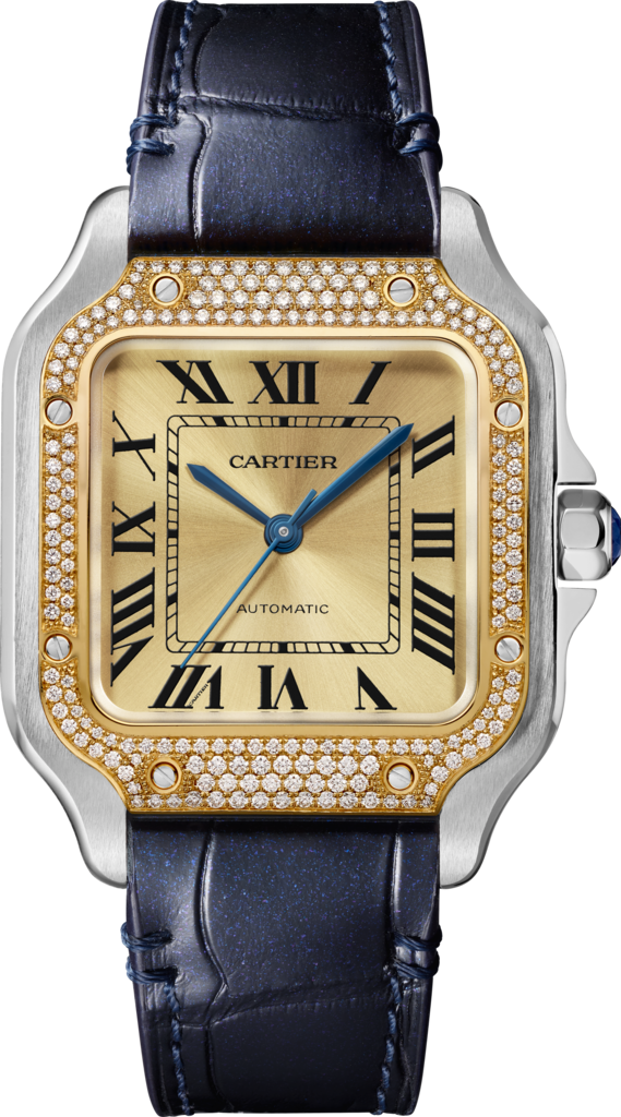 Reloj Santos de CartierTamaño mediano, movimiento automático, oro amarillo, acero, diamantes, brazalete de metal y correa de piel intercambiables