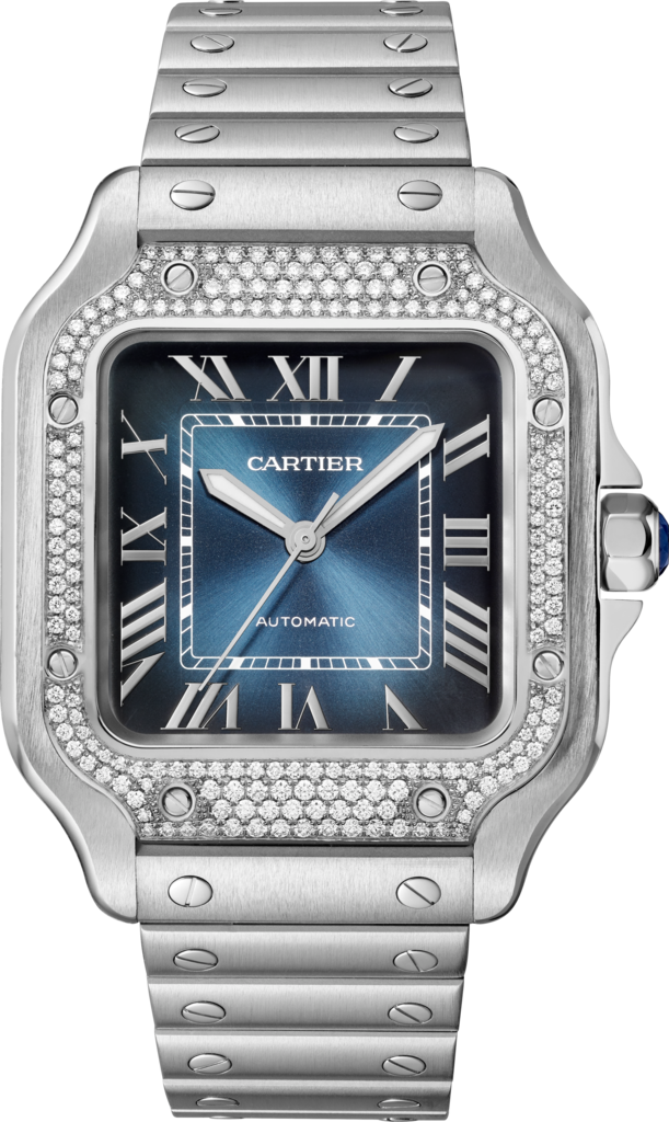 Santos de Cartier watchMedium model, automatic movement, steel, diamonds, blue dial, interchangeable metal and leather bracelets
