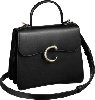 Top handle bag small model, Panthère de Cartier Black calfskin, gold finish