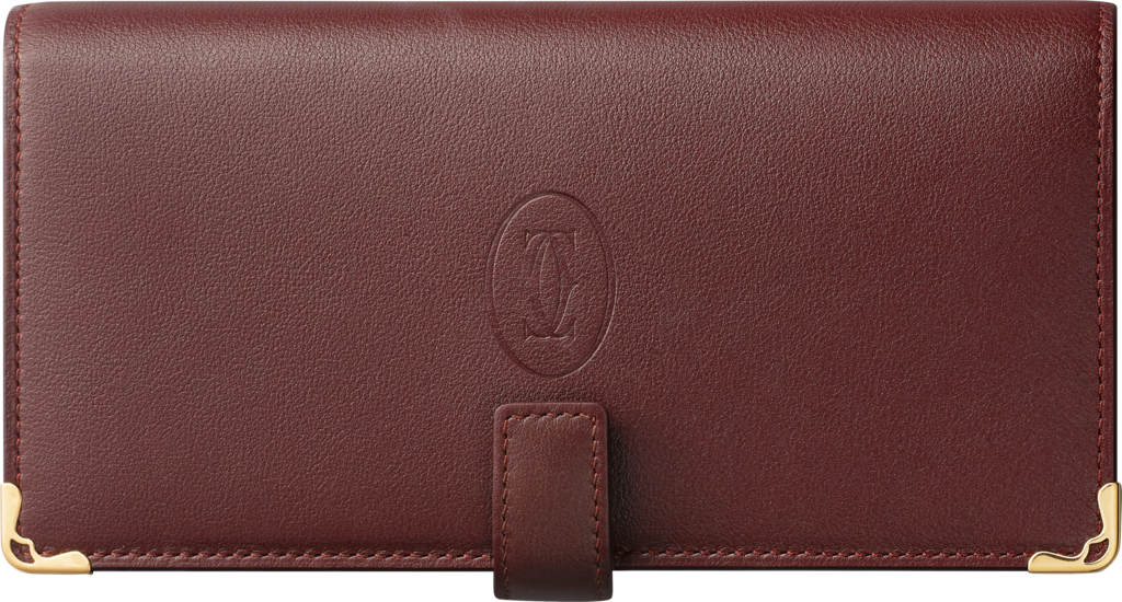 International wallet with removable zipped five-credit card holderBurgundy calfskin, golden finish