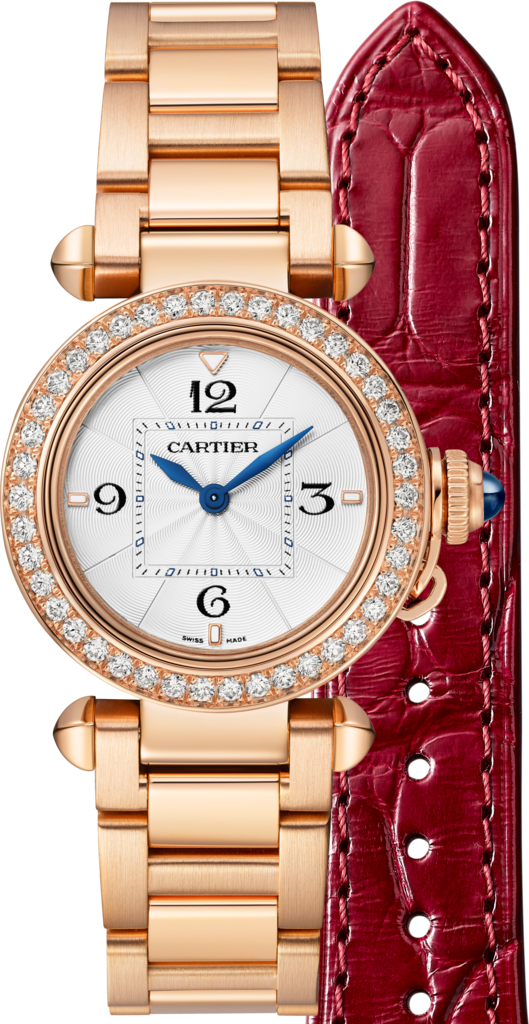 Reloj Pasha de Cartier 30 mm, movimiento de cuarzo, oro rosa, diamantes, brazalete de metal y correa de piel intercambiables