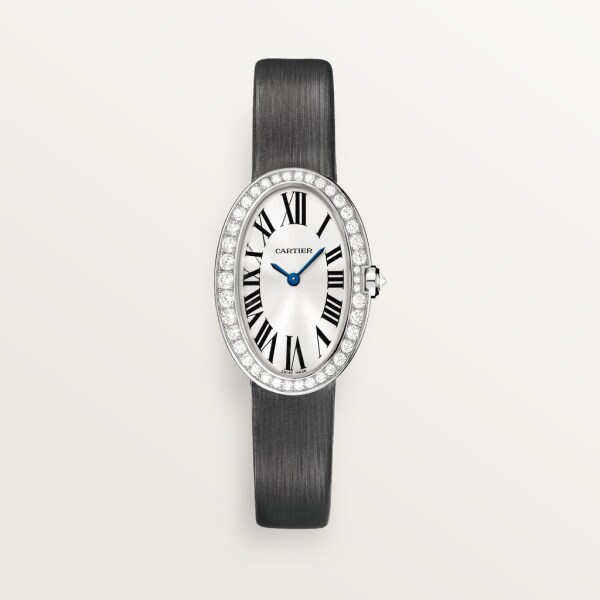 Reloj Baignoire MP Tamaño pequeño, movimiento de cuarzo, oro blanco, diamantes, tela