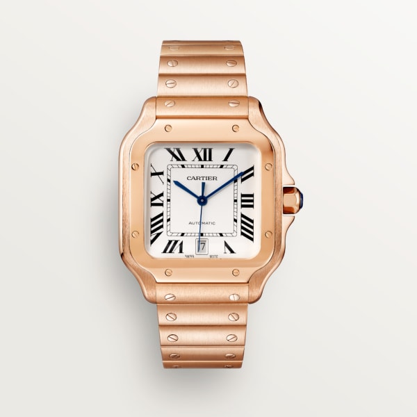 Reloj Santos de Cartier Tamaño grande, movimiento automático, oro rosa, brazalete de metal y correa de piel intercambiables