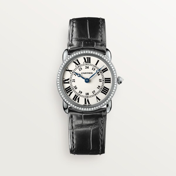 Reloj Ronde Louis Cartier 29 mm, movimiento de cuarzo, oro blanco, diamantes, piel