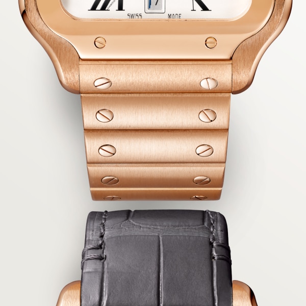 Reloj Santos de Cartier Tamaño grande, movimiento automático, oro rosa, brazalete de metal y correa de piel intercambiables