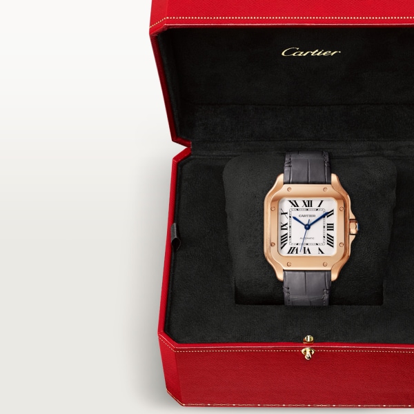 Reloj Santos de Cartier Tamaño mediano, movimiento automático, oro rosa, dos correas de piel intercambiables