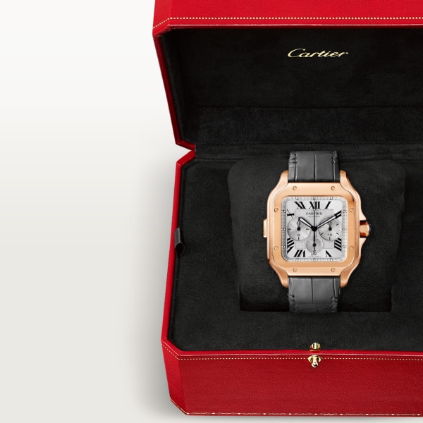 Santos de Cartier Chronograph Extragroßes Modell, Automatikaufzug, Roségold, Stahl, austauschbare Armbänder aus Leder und aus Kautschuk