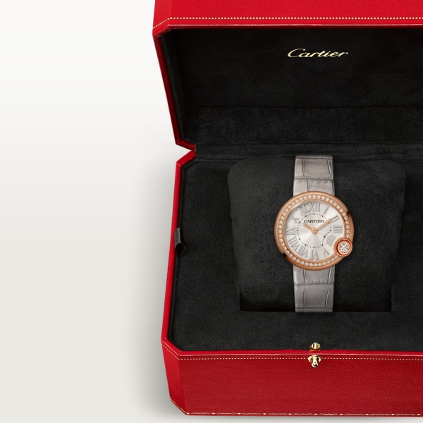 Reloj Ballon Blanc de Cartier 30 mm, movimiento de cuarzo, oro rosa, diamantes, piel