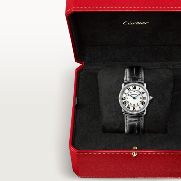 Reloj Ronde Louis Cartier 29 mm, movimiento de cuarzo, oro blanco, diamantes, piel