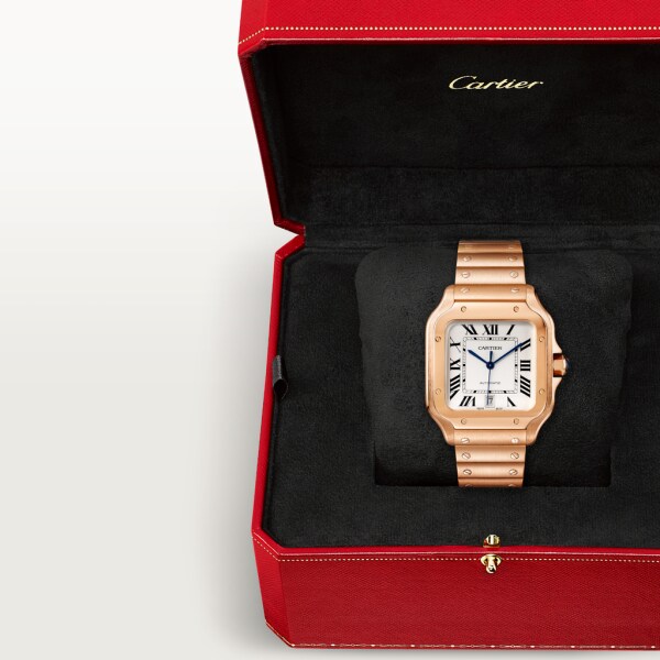 Santos de Cartier Großes Modell, Automatikwerk, Roségold, austauschbare Armbänder aus Metall und Leder