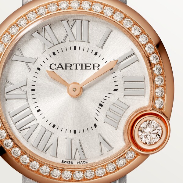 Montre Ballon Blanc de Cartier 30mm, mouvement quartz, or rose, diamants, cuir