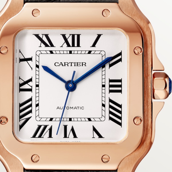 Montre Santos de Cartier Moyen modèle, mouvement automatique, or rose, 2 bracelets cuir interchangeables